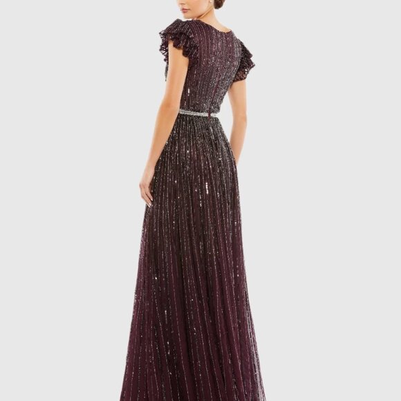 NWT | Mac Duggal 5502 Sequined Wrap Over Ruffled Cap Sleeve Gown Blackberry Sz 6 - Picture 2 of 9